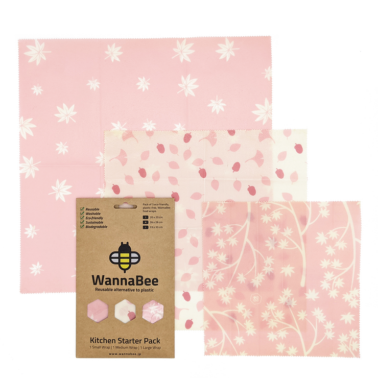 WannaBee 蜜蝋ラップ Pink Leaf柄 3枚入りセット(S・M・L